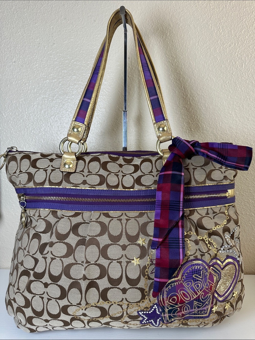 Coach Poppy 2010 Canvas Tote with Purple Trim and Gold Accents